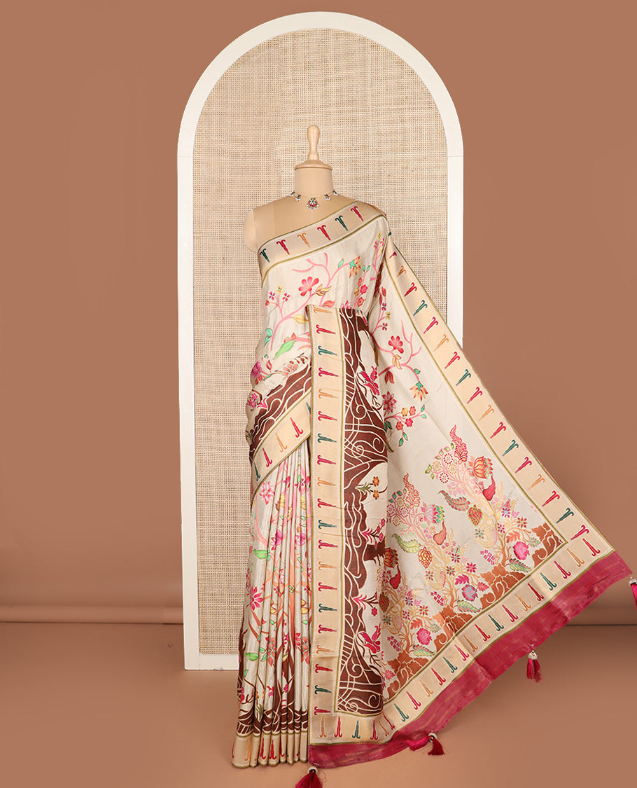 Cream colorful floral vine printed dola silk saree, muniya border, and tropical floral printed pallu