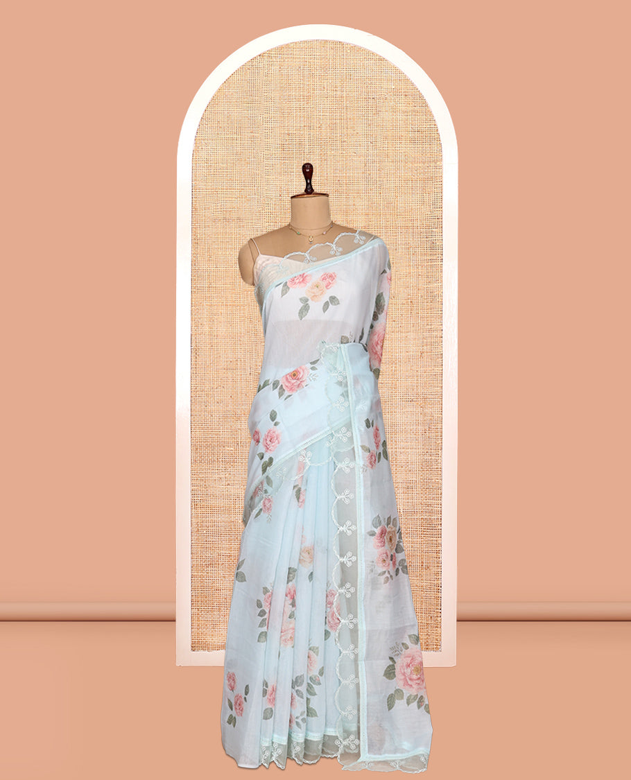 Sky Blue Floral Motifs Chanderi Cotton Saree