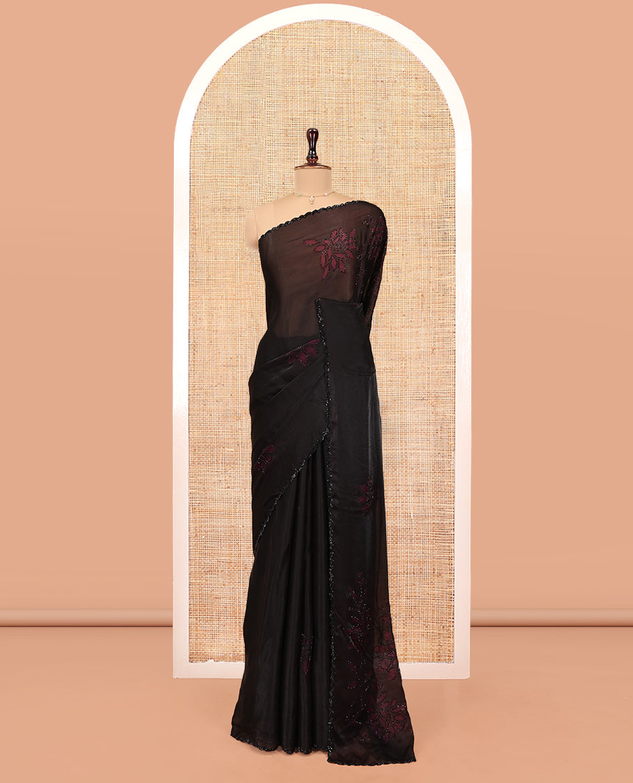 Black Designer Saree, Entralled with Leaf Print and Stone Work All Over Its Body, Highlighted by Scallop Stone Work Border, and Paired with a Matching Blouse