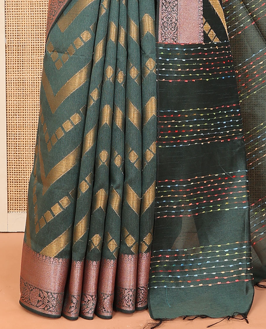 Green chevron striped dupion saree, intricate floral design border, and colorful thread striped pallu