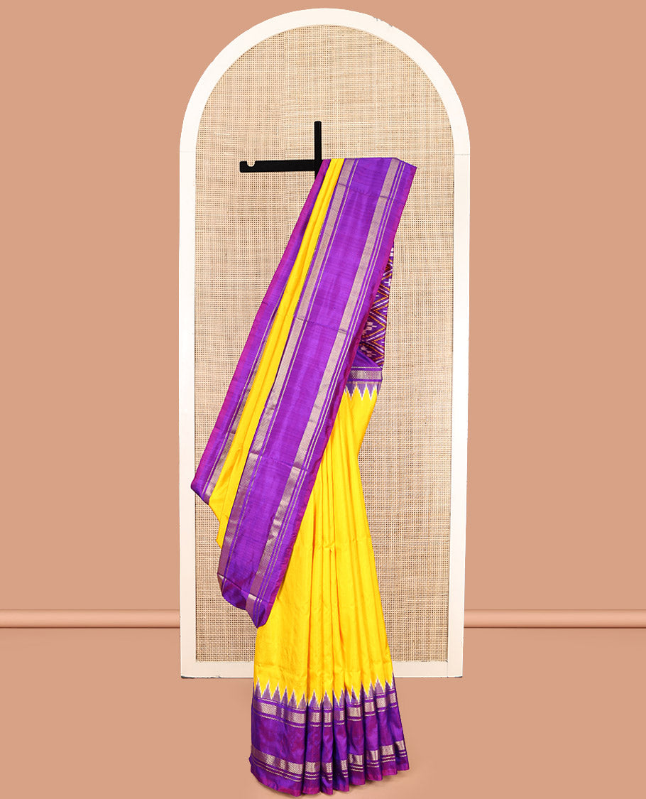 Yellow Plain Pochampally Ikat Saree, a Contrast Temple Traditional Zari Border, Ikat-Style Jaal Pallu, and a Contrast Blouse