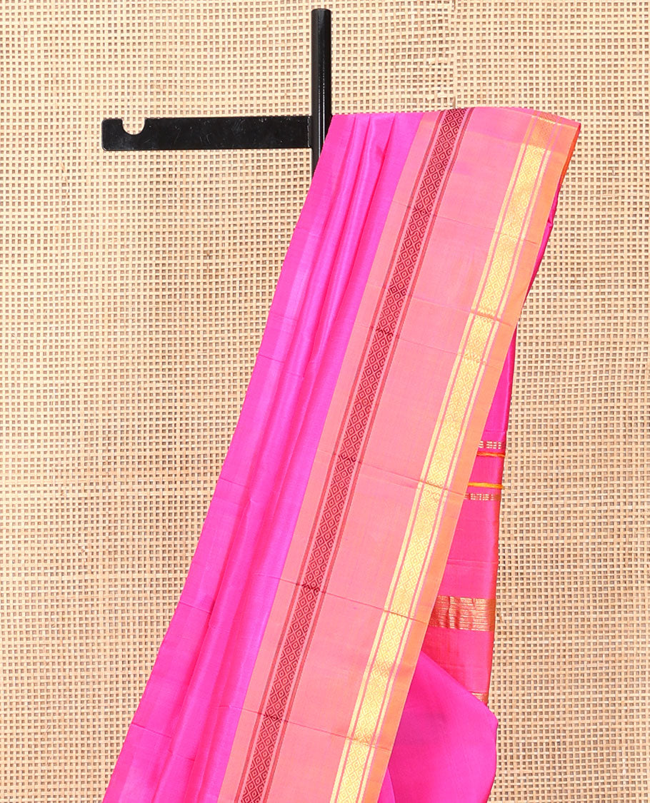 Pink Plain Kanchipuram Silk Saree, a Contrast One-Sided Rettai Pettu Border of Panner Sombu, Banaras, and Mayil Kann Designs, a Zari Design Pallu, and No Blouse