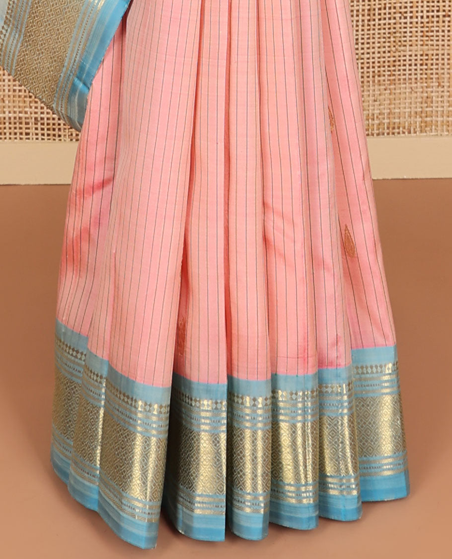 Peach striped, floral buttas kancheepuram silk saree with contrast zari design border & floral buttas pallu