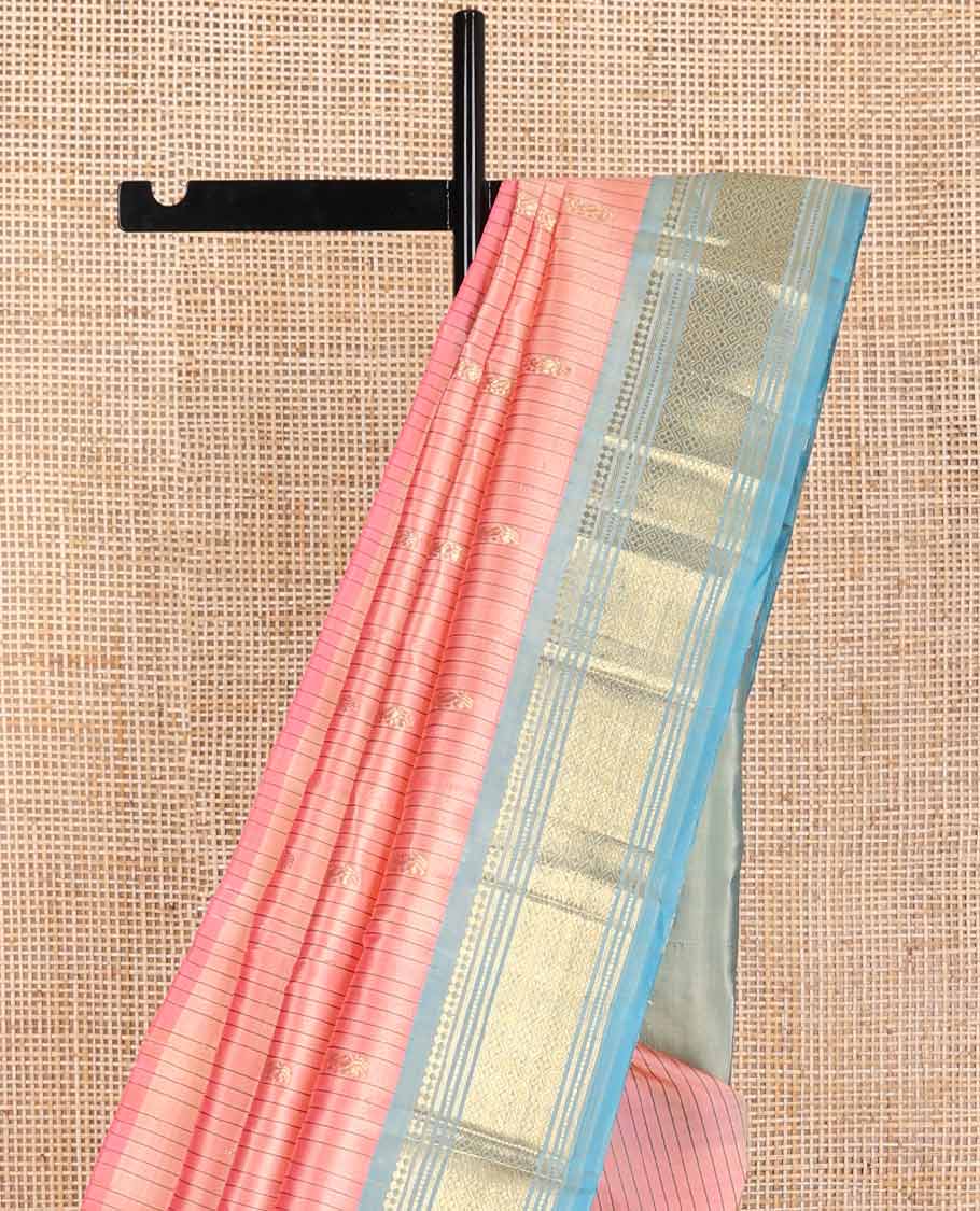 Peach striped, floral buttas kancheepuram silk saree with contrast zari design border & floral buttas pallu