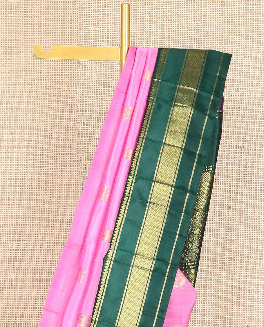 Pink zari buttas kanchipuram silksaree, contrast one-sided korvai border of thilakam mokku,banaras & kuyil kann & mayil design pallu