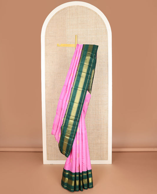 Pink zari buttas kanchipuram silksaree, contrast one-sided korvai border of thilakam mokku,banaras & kuyil kann & mayil design pallu