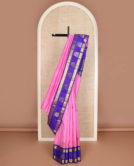 Pink zari buttas kanchipuram silk saree, contrast one-sided korvai border of diamond & mayil designs & floral-paisley design pallu