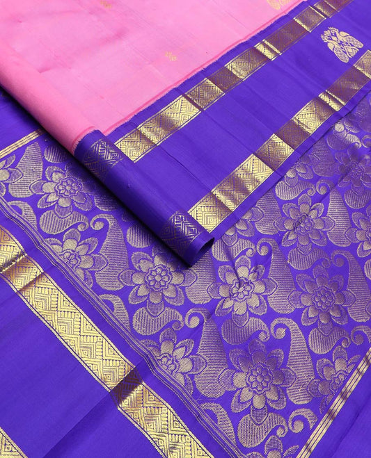 Pink zari buttas kanchipuram silk saree, contrast one-sided korvai border of diamond & mayil designs & floral-paisley design pallu