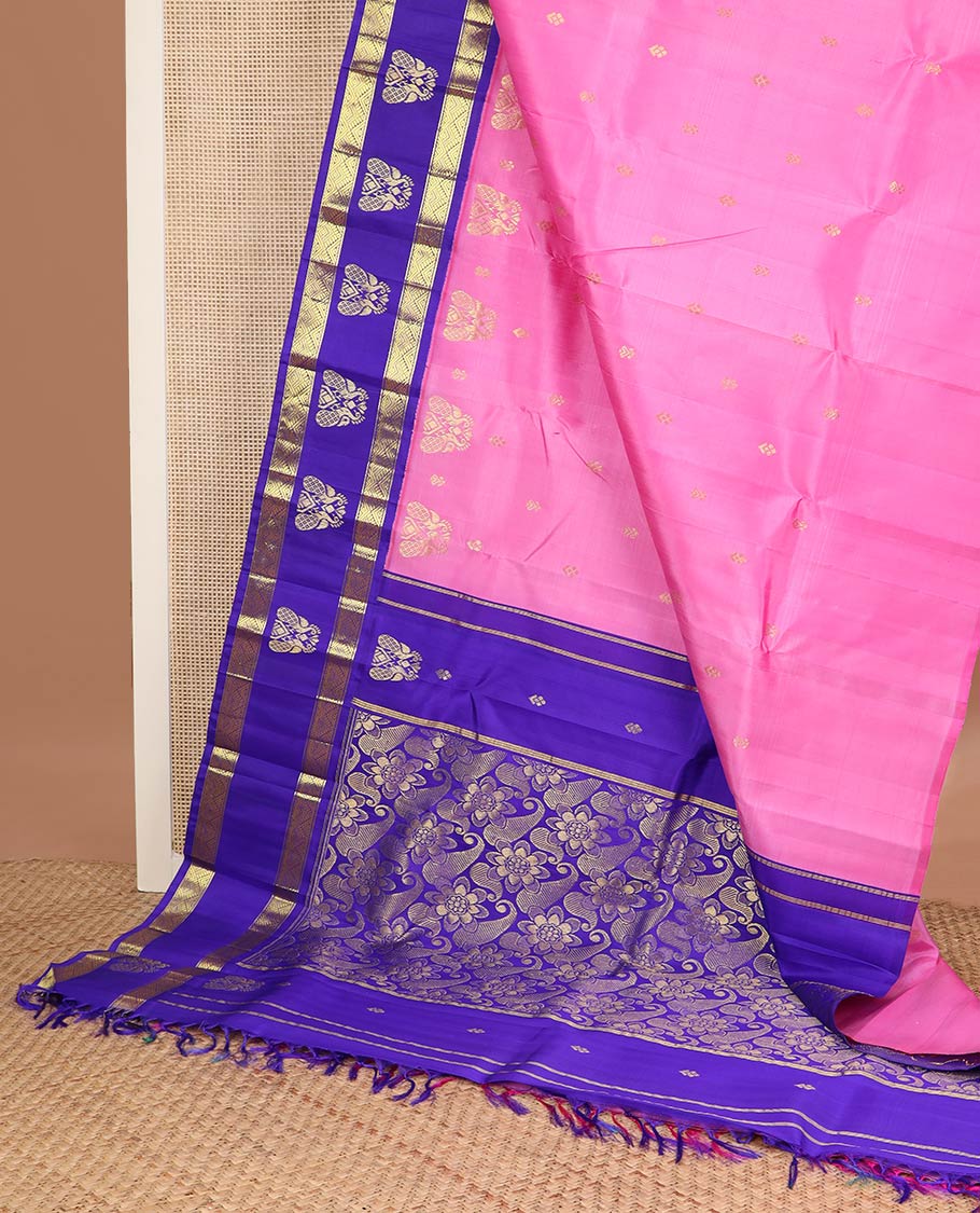 Pink zari buttas kanchipuram silk saree, contrast one-sided korvai border of diamond & mayil designs & floral-paisley design pallu