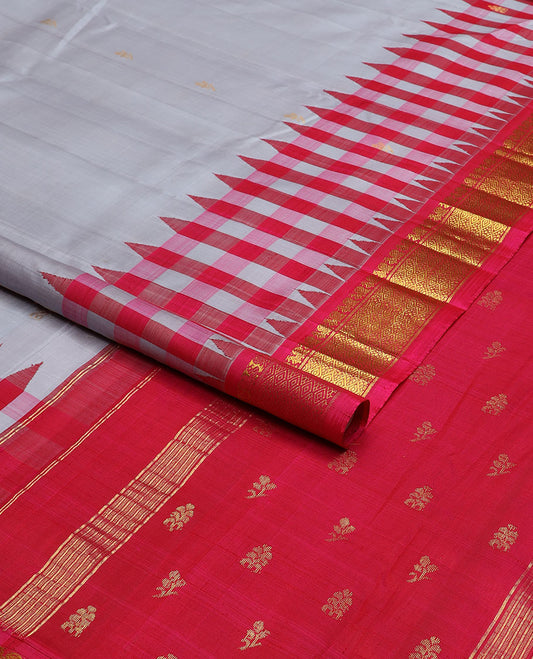 Grey zari buttas Kanchipuram silk saree, contrast thazampoo rekku checked border of mayil & jaal design & zari design pallu