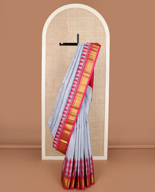 Grey zari buttas Kanchipuram silk saree, contrast thazampoo rekku checked border of mayil & jaal design & zari design pallu