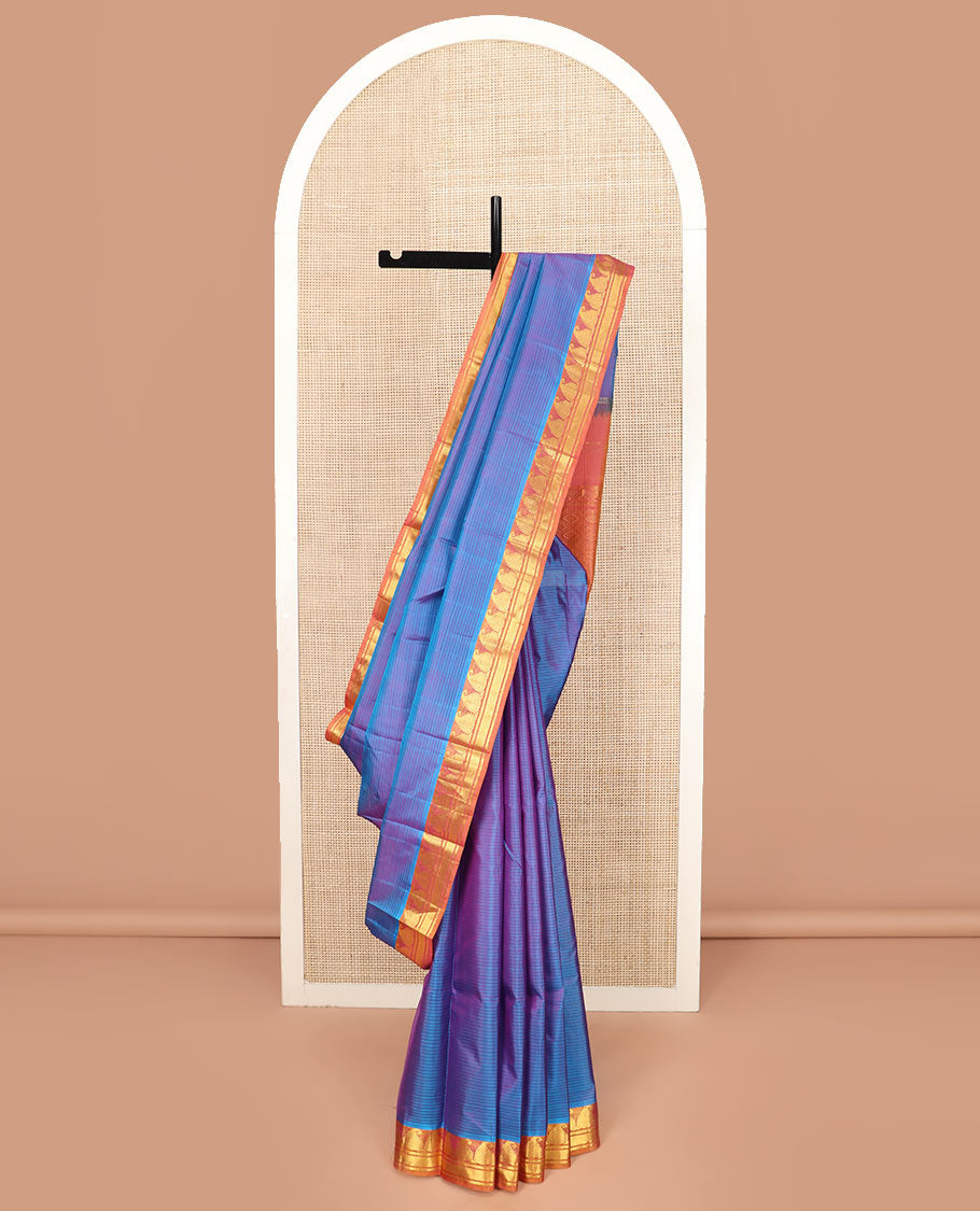 Purple Striped Kanchipuram Silk Saree Embellished with Contrast Border Featuring Manga, Neli, and Vanki Designs, Jaal Design Woven Pallu, and a Contrast Blouse