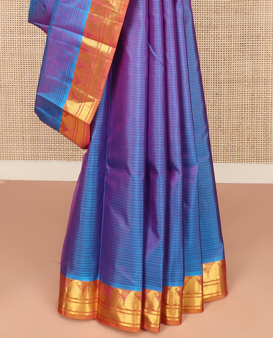 Purple Striped Kanchipuram Silk Saree Embellished with Contrast Border Featuring Manga, Neli, and Vanki Designs, Jaal Design Woven Pallu, and a Contrast Blouse