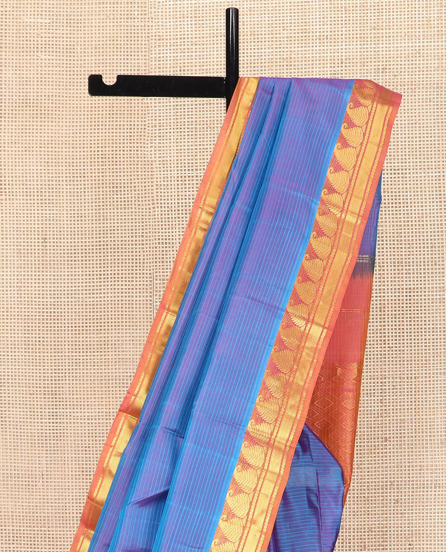 Purple Striped Kanchipuram Silk Saree Embellished with Contrast Border Featuring Manga, Neli, and Vanki Designs, Jaal Design Woven Pallu, and a Contrast Blouse