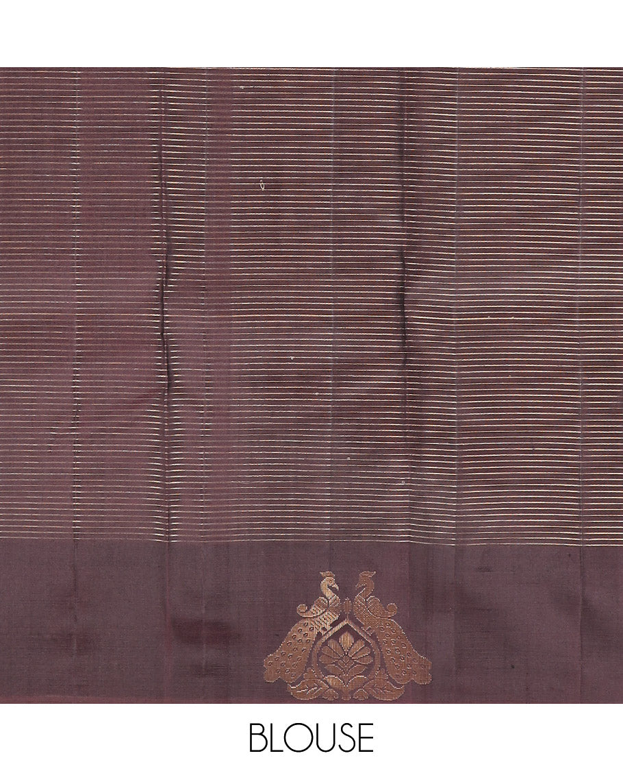 Turquoise Kanchipuram Silk Saree, Subtly Sparkled with Zari Checks on Its Body, Complemented by a Contrast Border of Mayil Designs, Pallu Beautified with Jaal Design, and Paired with a Contrast Blouse