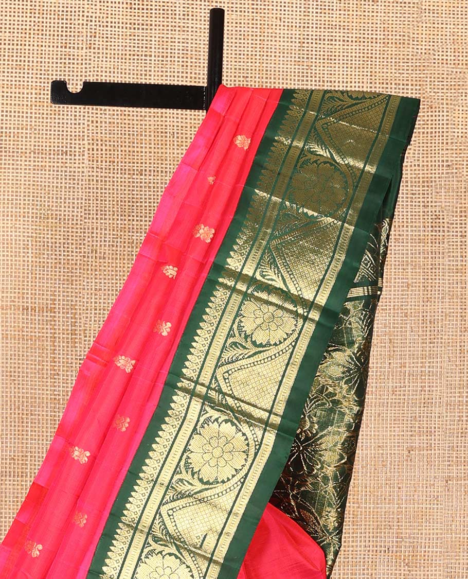 Red buttas kancheepuram silk saree with contrast border of thilakam mokku, banaras, muthu design & floral pallu