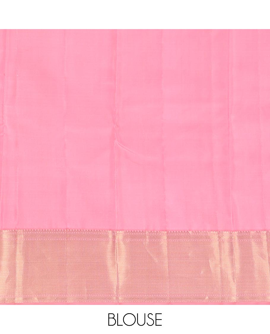 Pink zari buttas silk saree, zari thazampoo rekku border of muthu,banaras & zari stripes & pallu of paiyadi kann