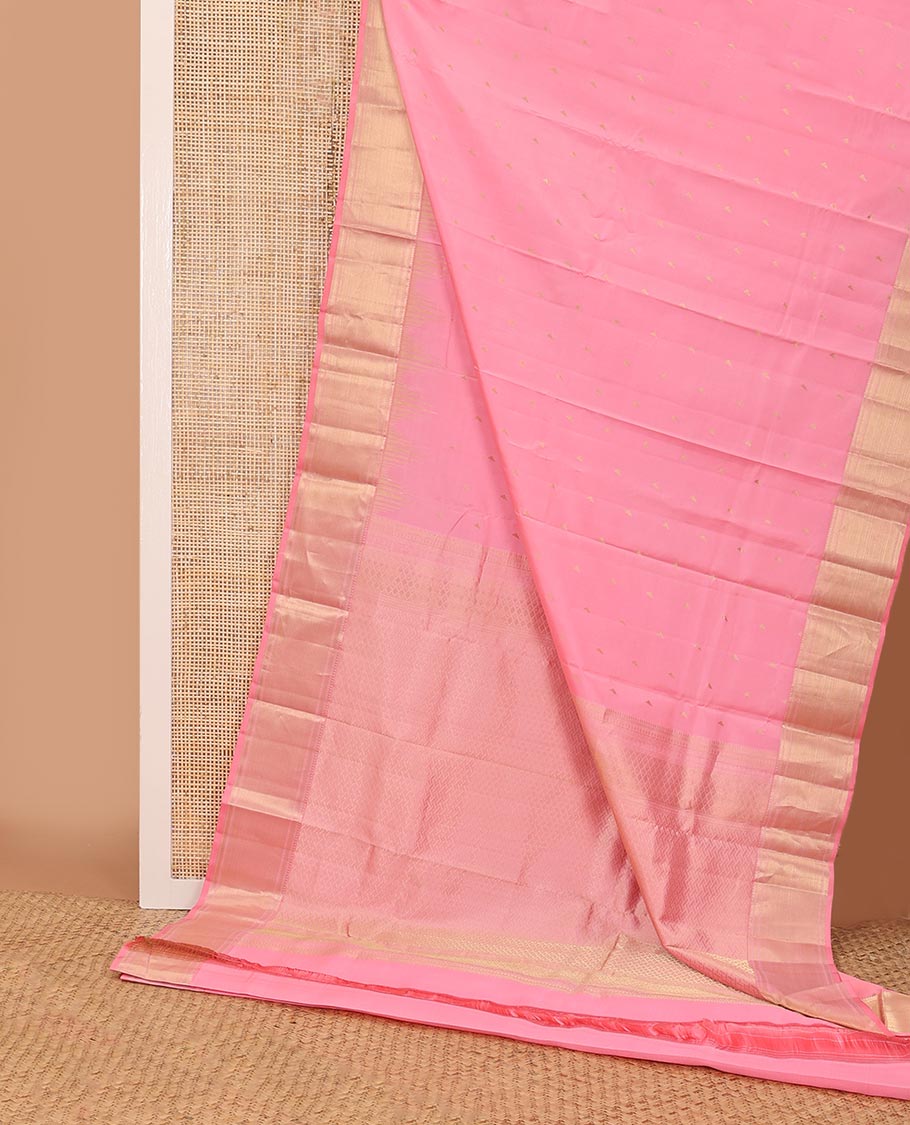 Pink zari buttas silk saree, zari thazampoo rekku border of muthu,banaras & zari stripes & pallu of paiyadi kann