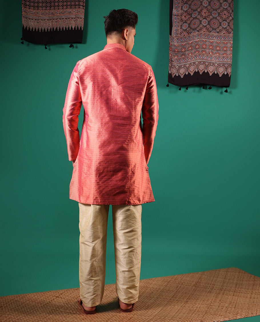Pink unique patterns embossed full-sleeved men's kurta set