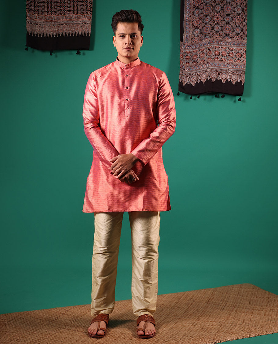 Pink unique patterns embossed full-sleeved men's kurta set