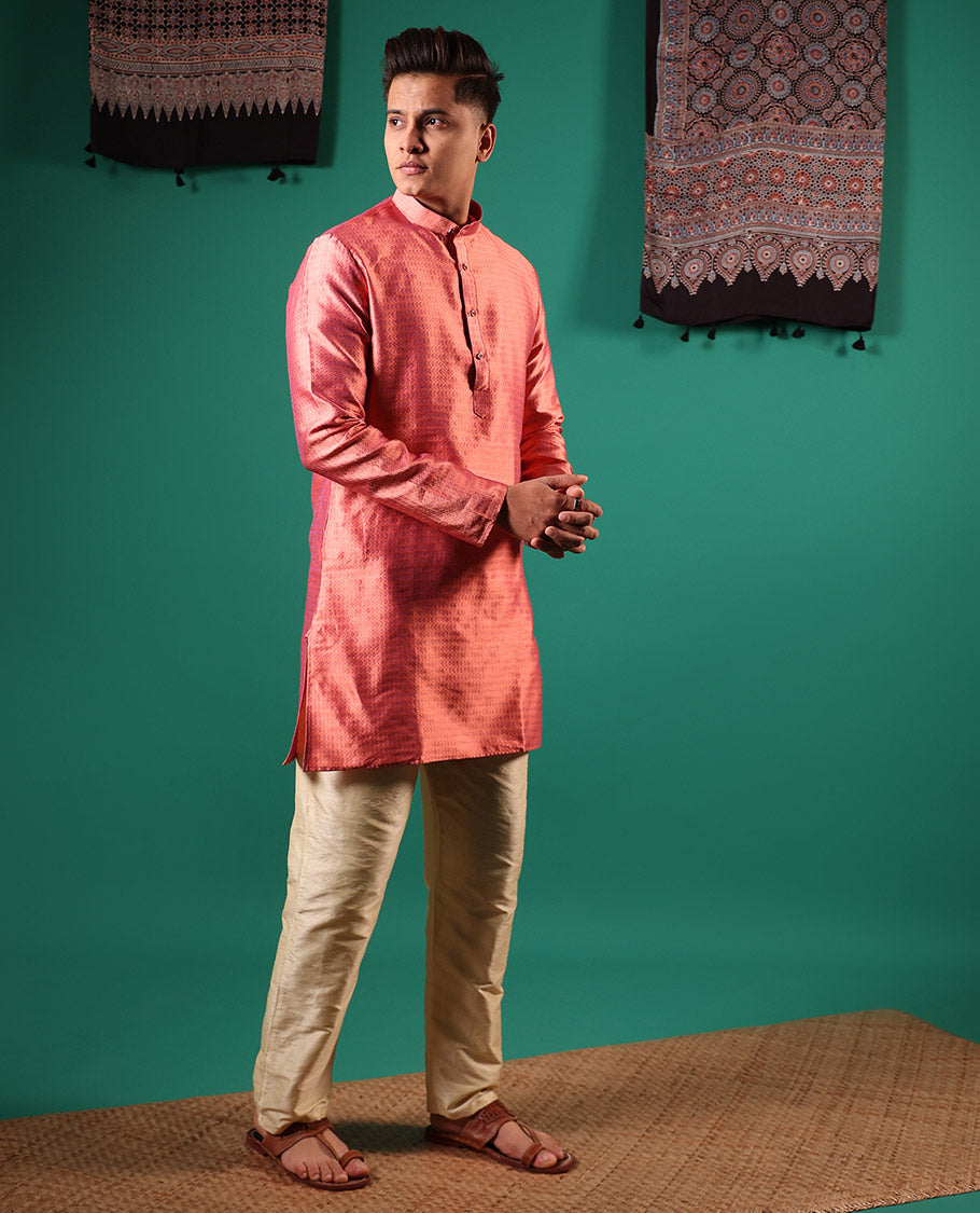 Pink unique patterns embossed full-sleeved men's kurta set