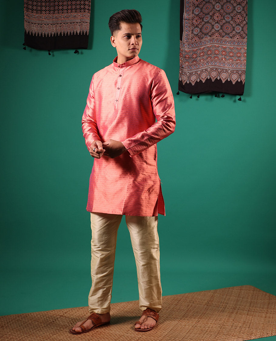 Pink unique patterns embossed full-sleeved men's kurta set
