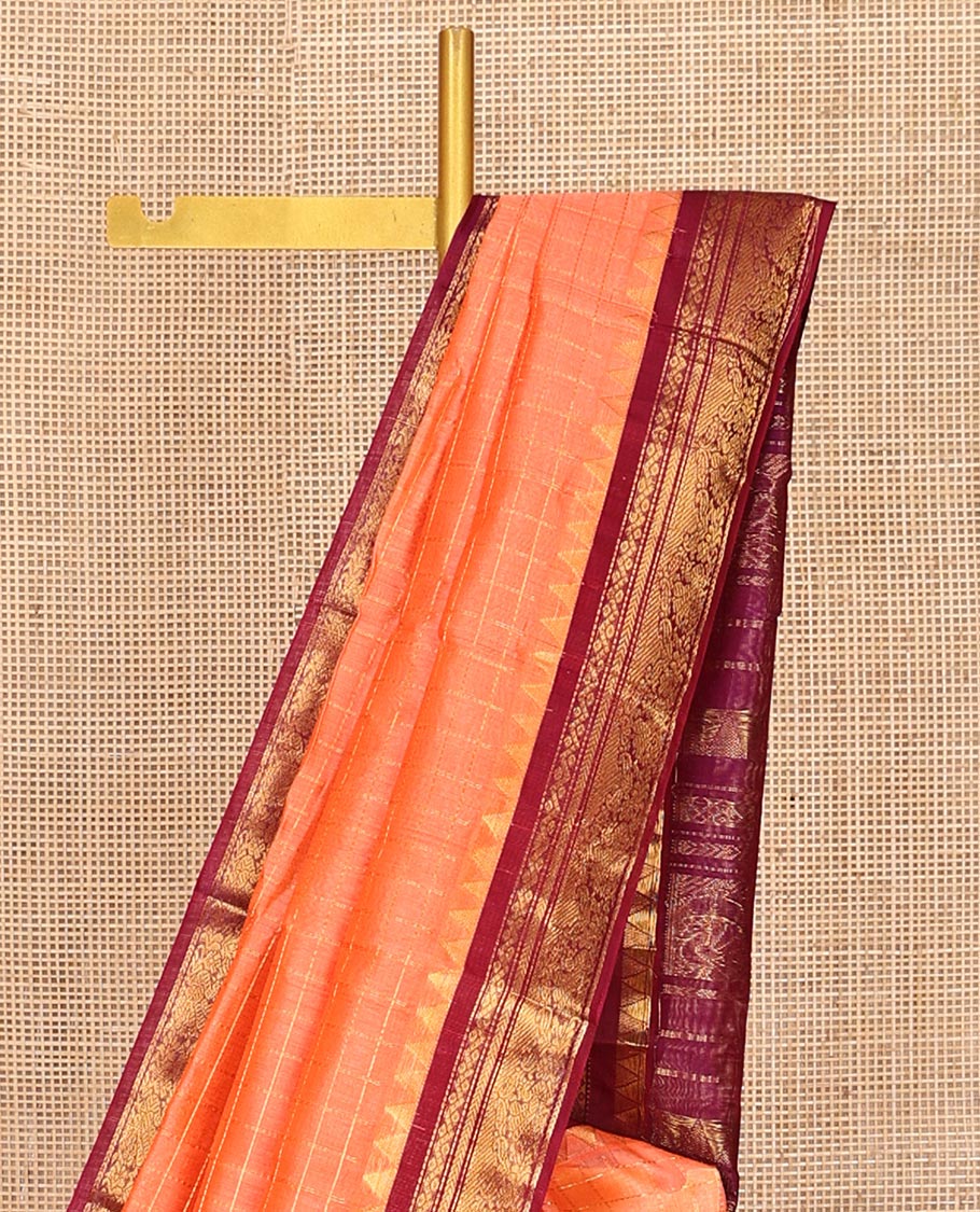 Peach Zari Checked Kuppadam Silk Saree, a Contrast Traditional Temple Border, Grand Pallu, a Contrast Blouse