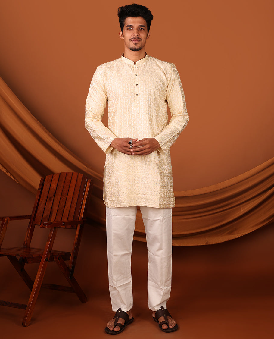 Sandal Mughal-Themed Thread Embroidered and Stone Work Full-Sleeved Men's Kurta Set