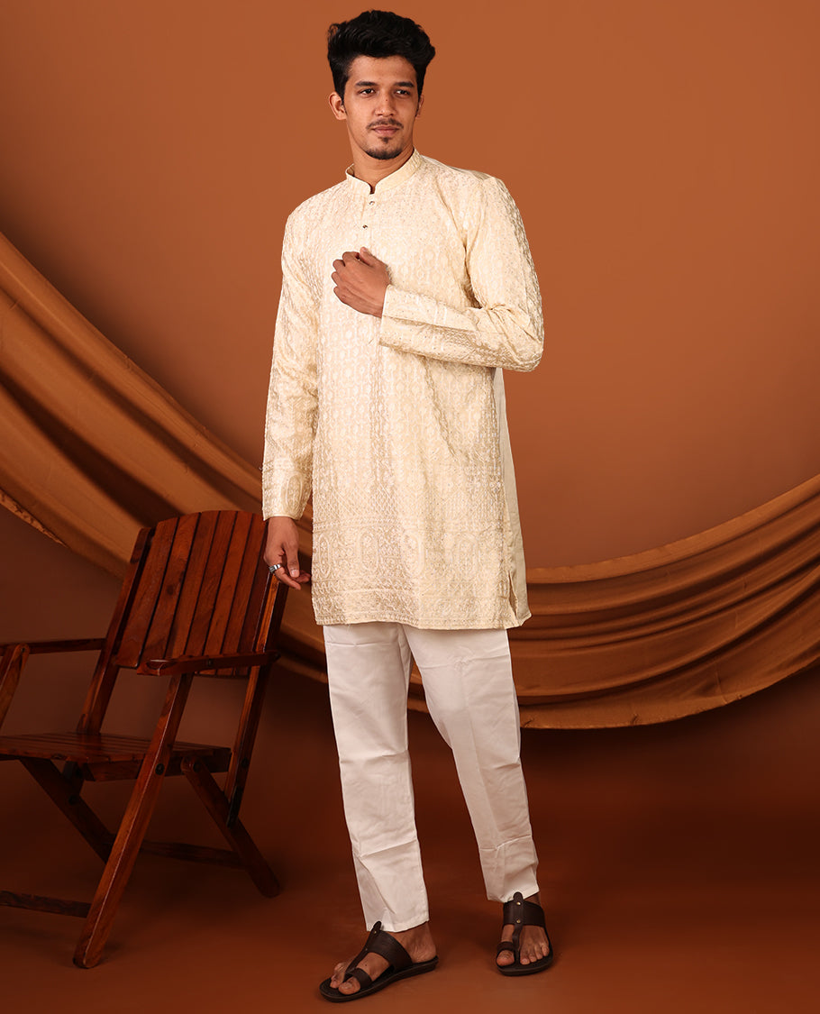 Sandal Mughal-Themed Thread Embroidered and Stone Work Full-Sleeved Men's Kurta Set