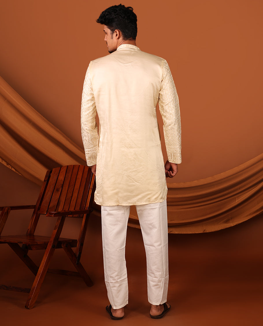 Sandal Mughal-Themed Thread Embroidered and Stone Work Full-Sleeved Men's Kurta Set