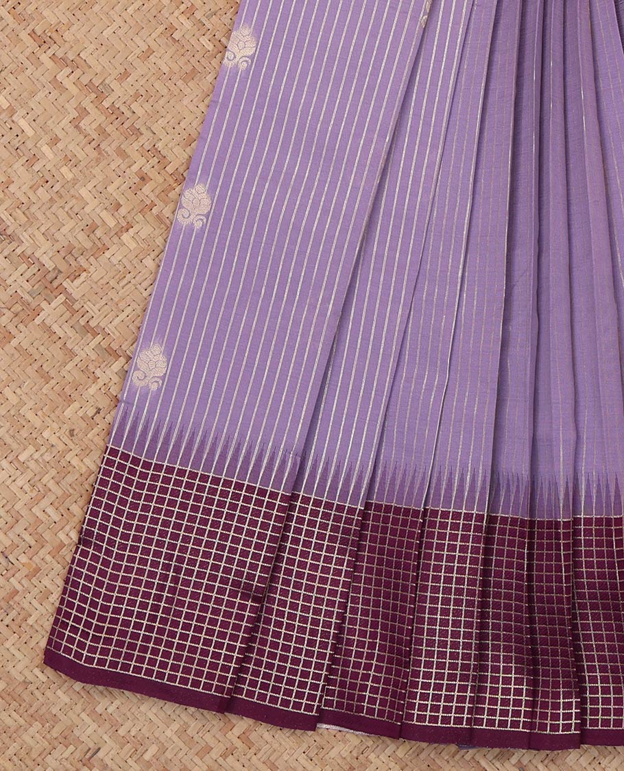 Purple Litchi Saree, Sparsely Woven with Zari Buttas and Stripes, a Contrast Zari Checked Border, Grand Pallu, and a Contrast Blouse