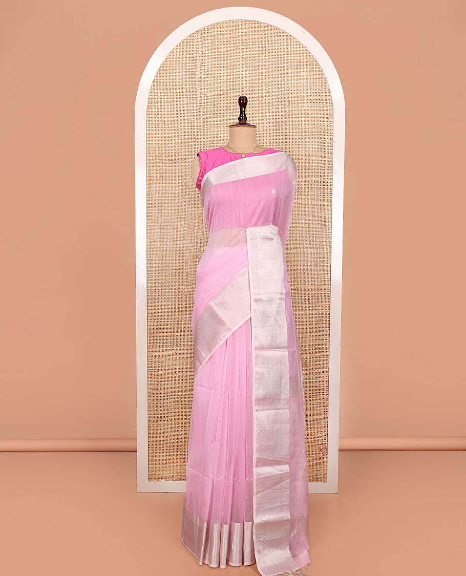 Pink Maheshwari Cotton Saree, Sparsely Woven with Buttas All Over Its Body, Highlighted by a Zari Border of Chevron Stripes, Pallu Steeped with Buttas, and Paired with a Matching Blouse