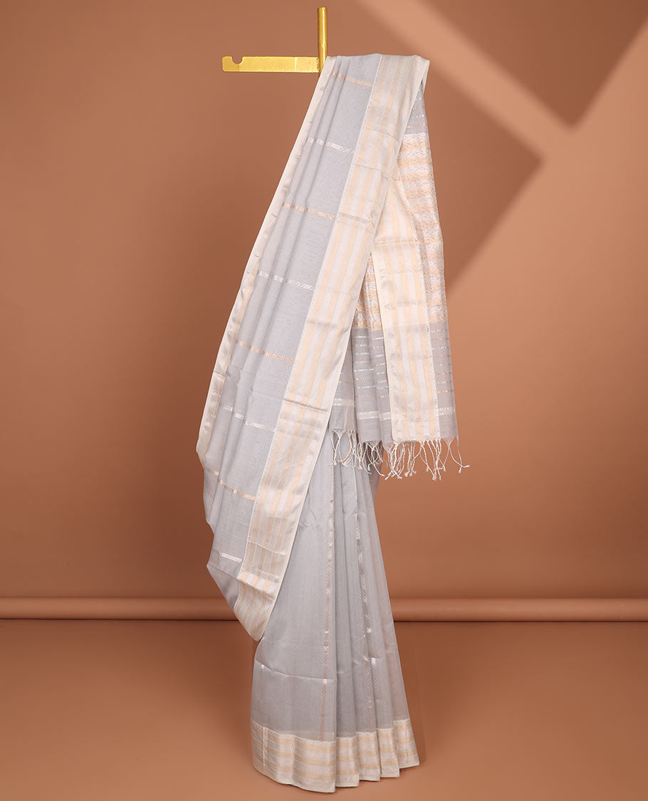 Grey striped Maheshwari cotton saree with buttas, contrast traditional zari border & intricate pallu