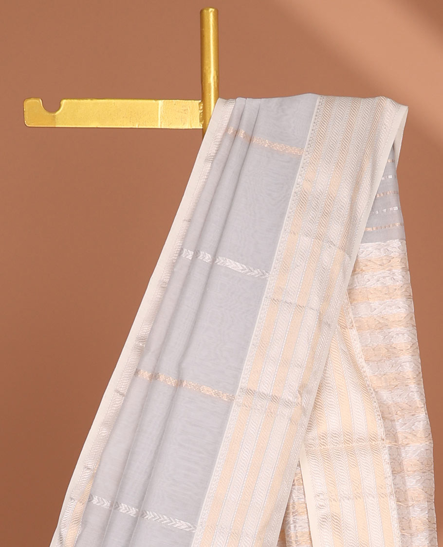Grey striped Maheshwari cotton saree with buttas, contrast traditional zari border & intricate pallu