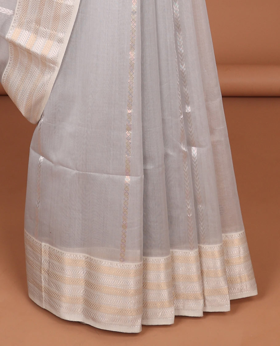 Grey striped Maheshwari cotton saree with buttas, contrast traditional zari border & intricate pallu