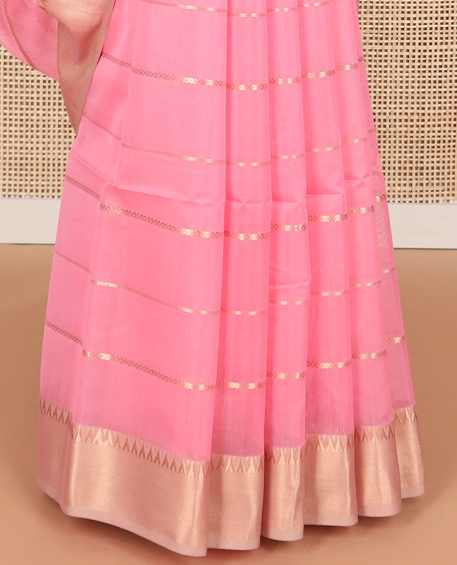 Light pink striped maheshwari cotton saree with self striped, temple border & checked pallu