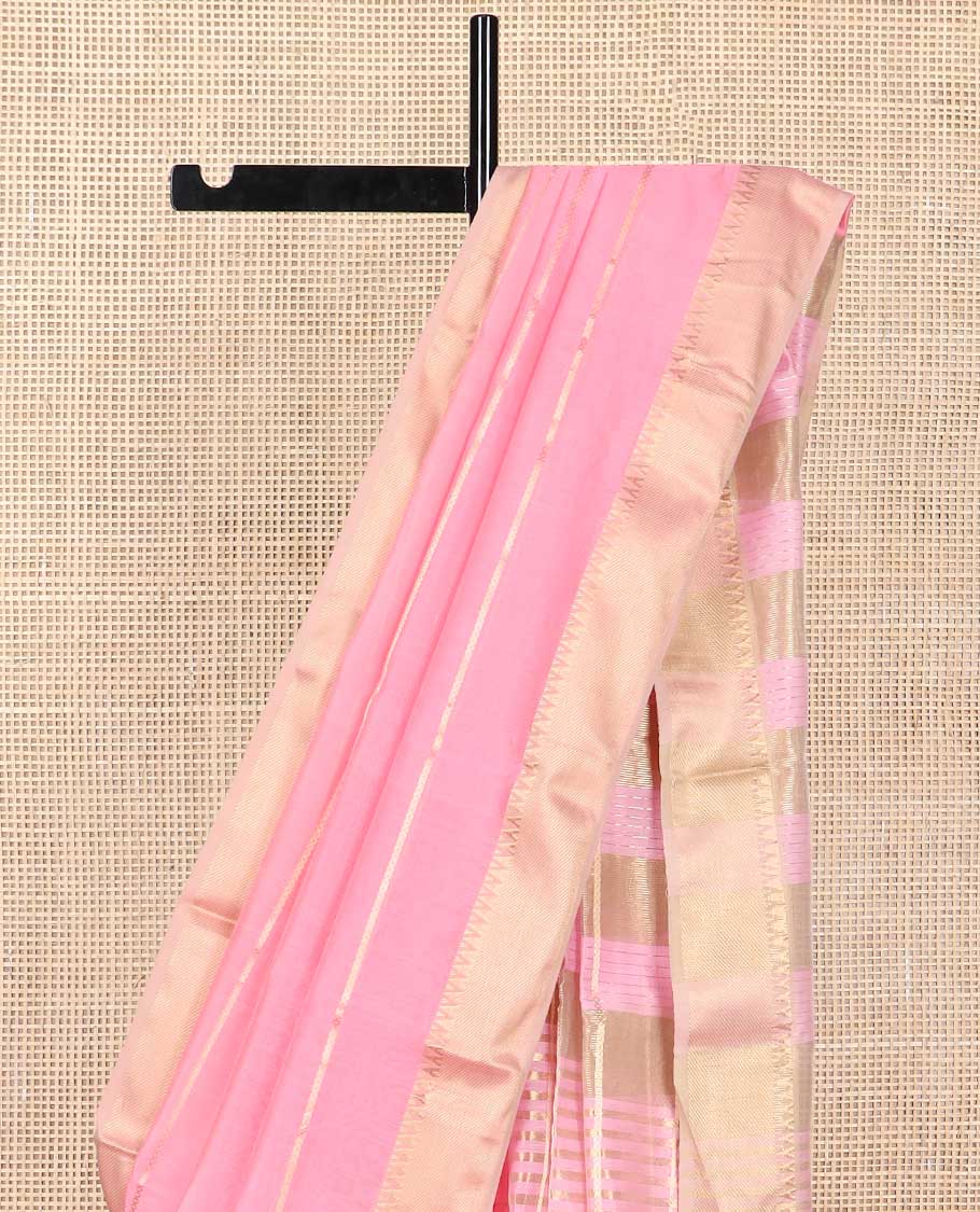 Light pink striped maheshwari cotton saree with self striped, temple border & checked pallu