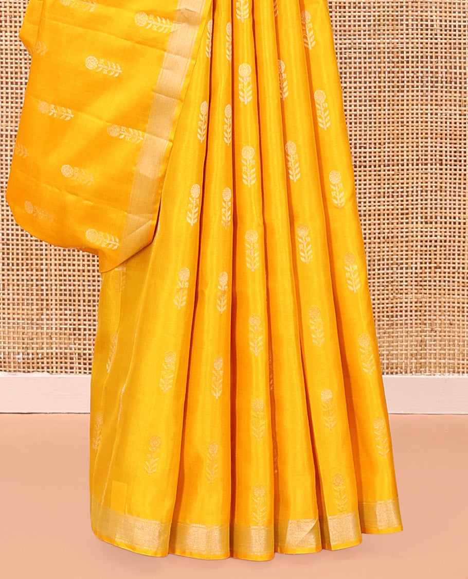 Yellow Mayuri Soft Silk Saree, Subtly Sparkled With Zari Buttas All Over Its Body, Complemented by Contrast Pallu of Intricate Designs, and Paired with a Contrast Blouse