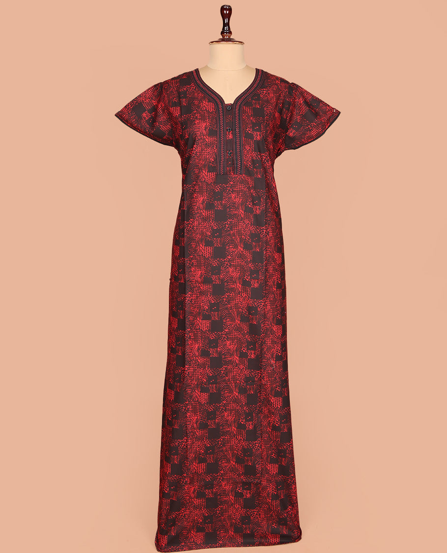 Red Cotton Nighty Delicately Printed with Floral-Geometric, Featuring Lace Work, Unique Front Neck, and Half Sleeves