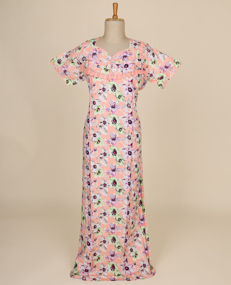 Skin color floral printed & square neck cotton half-sleeve nighty