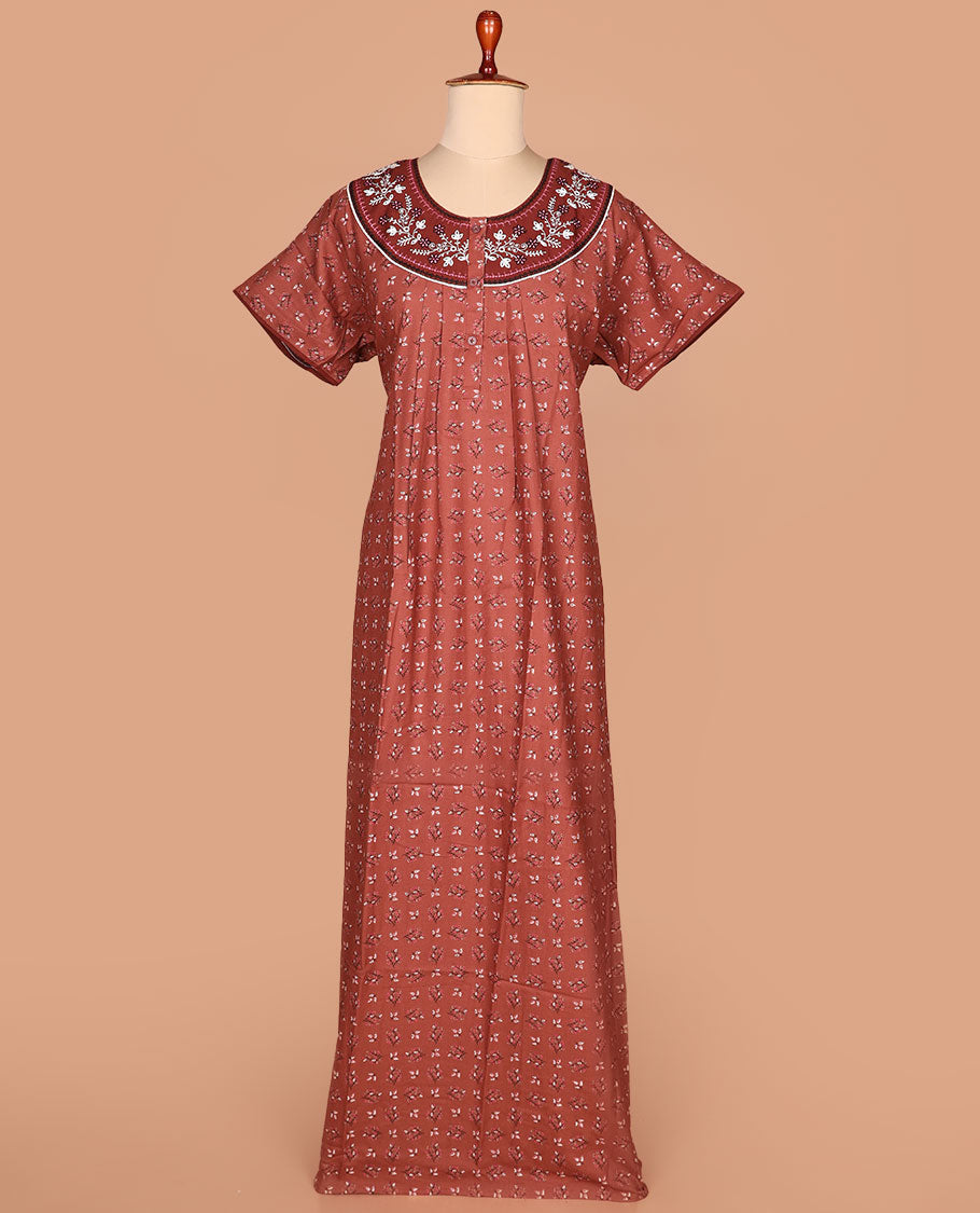 Brown leaf motifs printed with round neck embroidered half-sleeve nighty