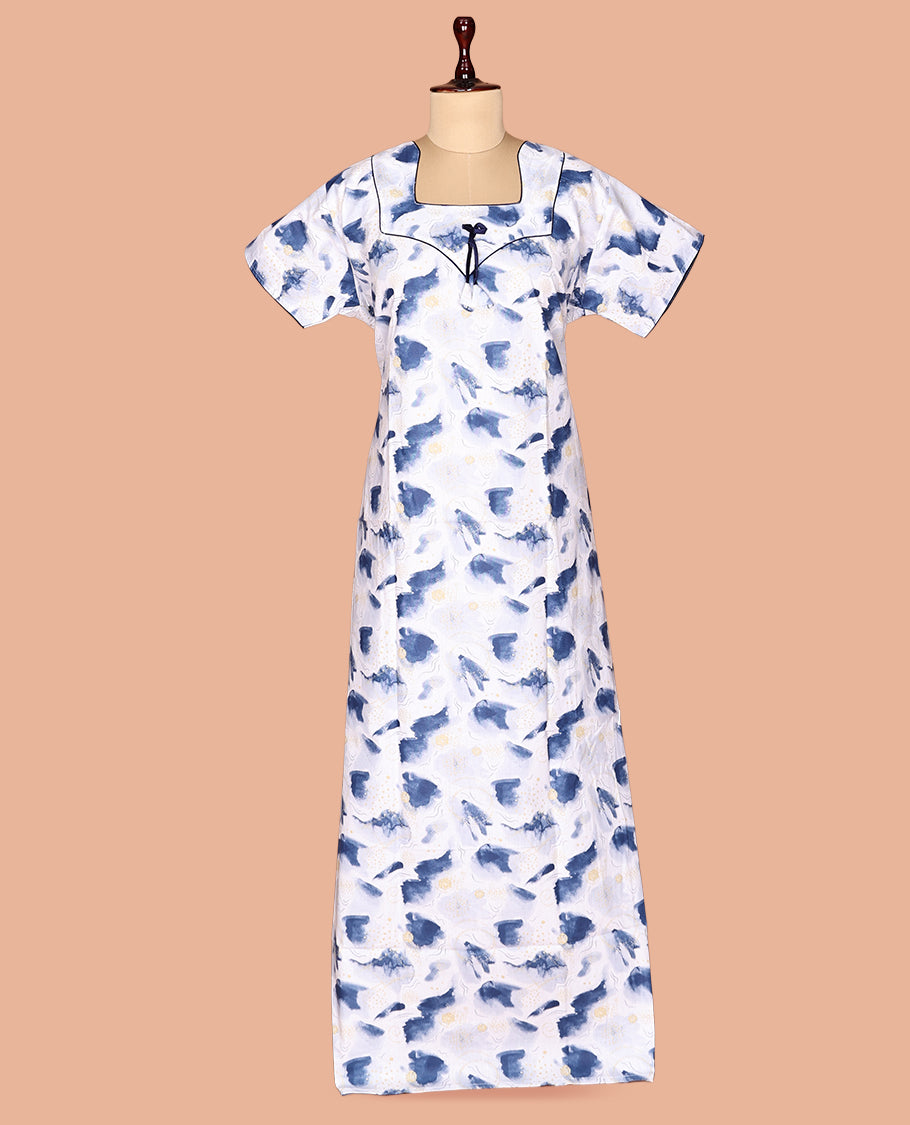White-Blue Cotton-Blended Nighty