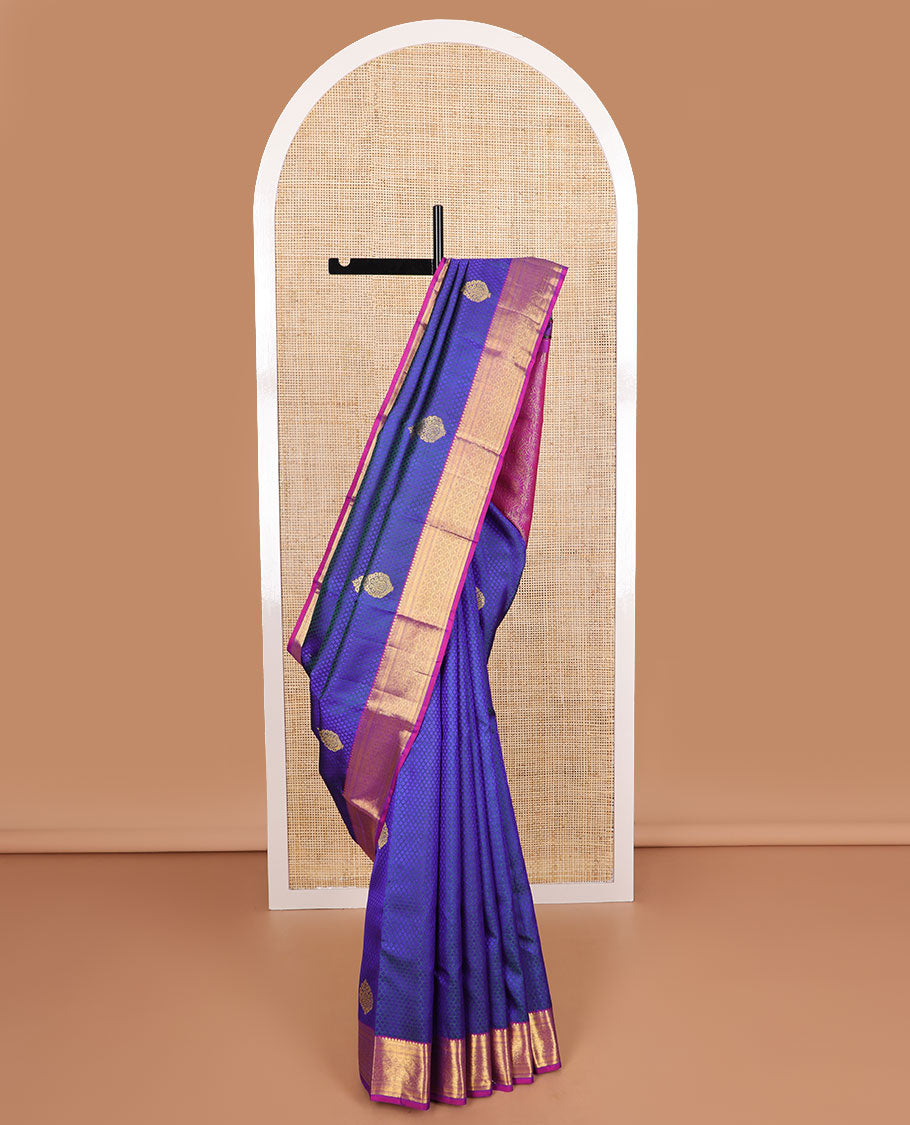 Blue leaf design silk saree with contrast intricate zari design border & floral jaal design pallu