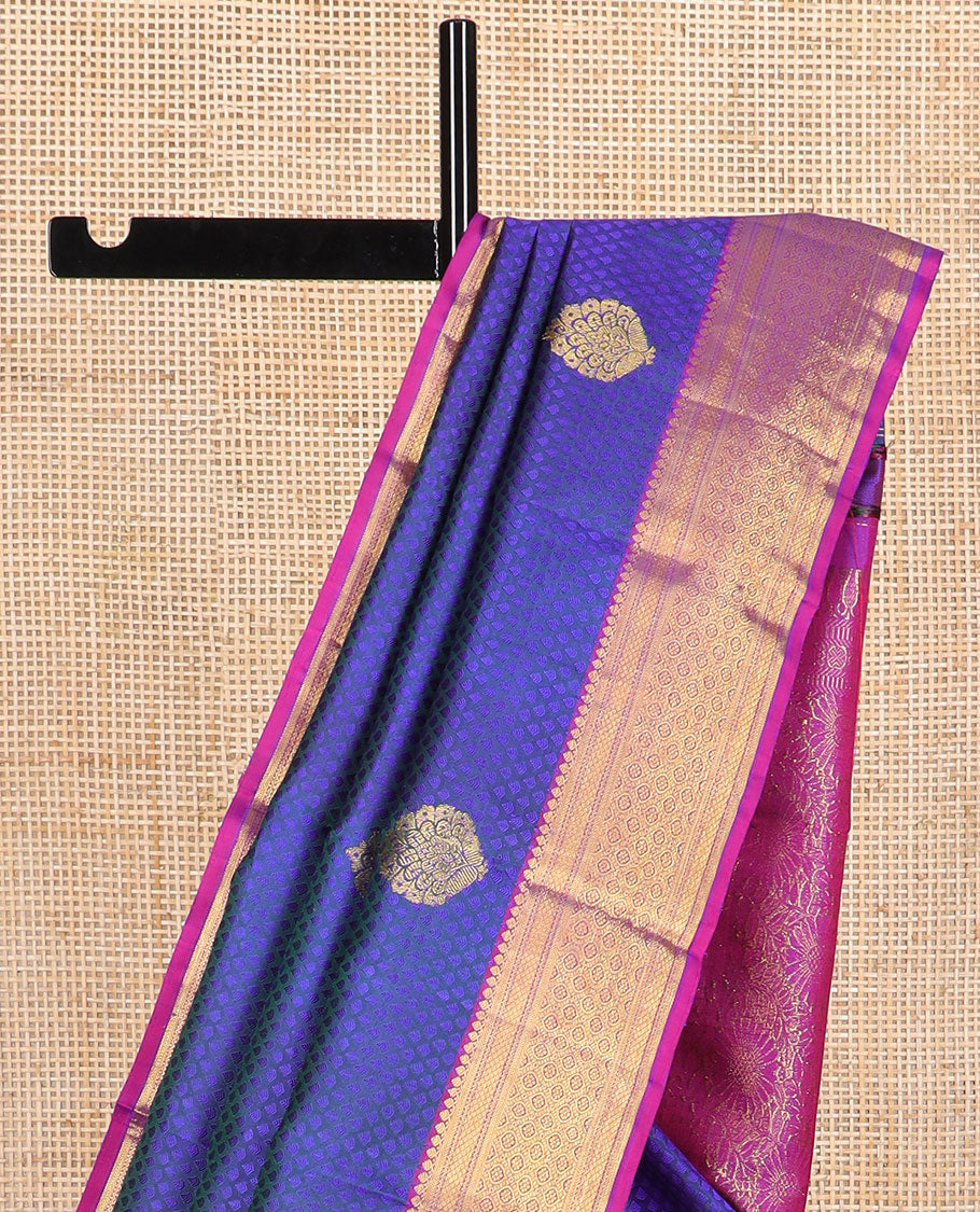 Blue leaf design silk saree with contrast intricate zari design border & floral jaal design pallu