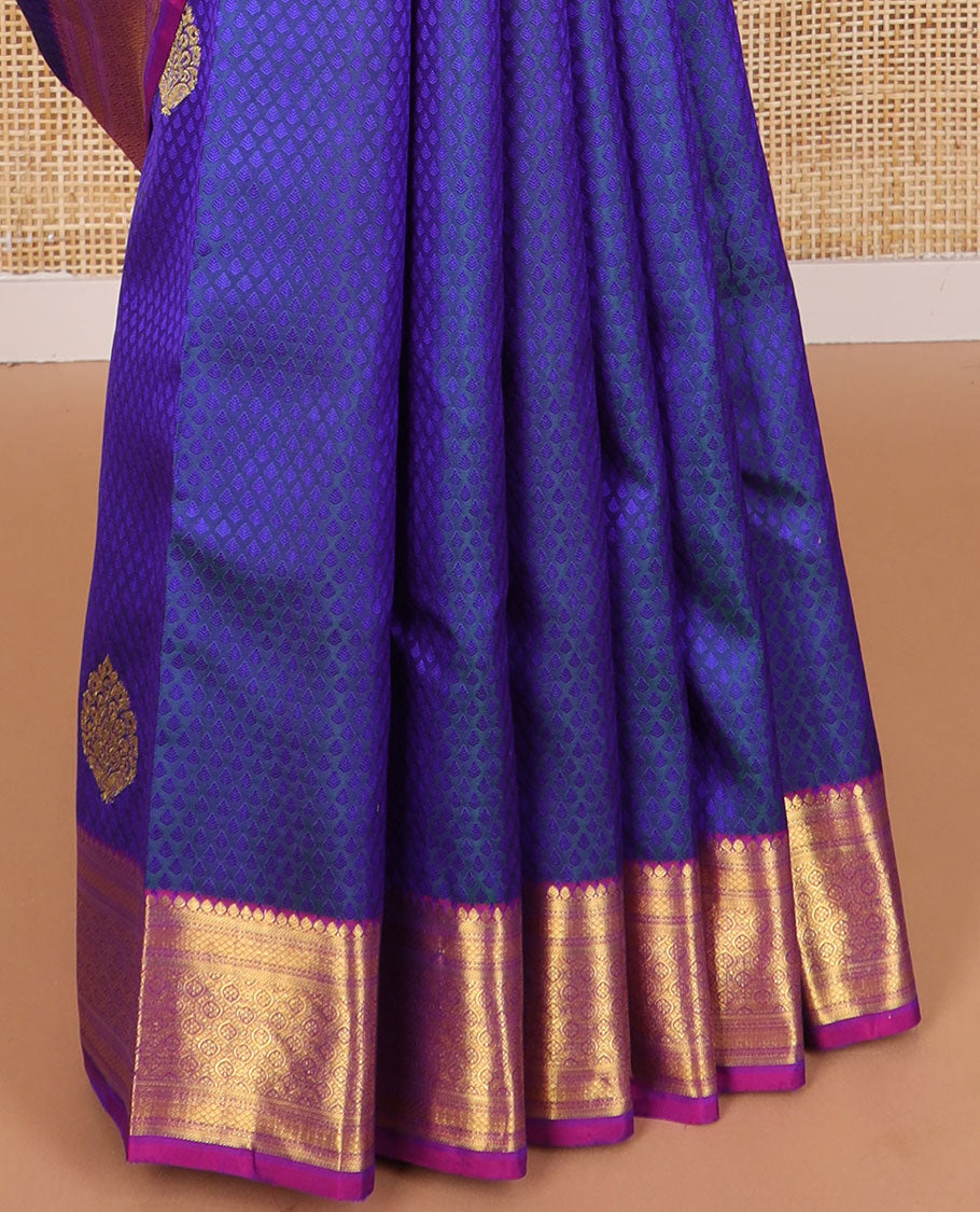 Blue leaf design silk saree with contrast intricate zari design border & floral jaal design pallu