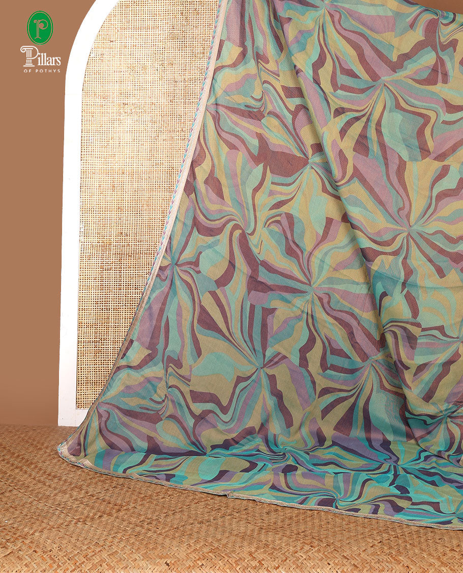 Rama green digital print chiffon shimmer saree with lace border & self pallu along with printed blouse