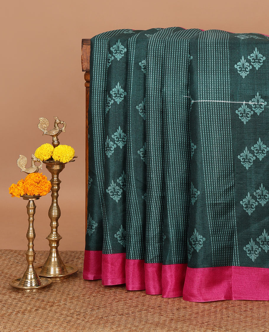 Rama green stripes and unique motifs printed khadhi silk saree, contrast border and pallu features intricately printed triangle motifs