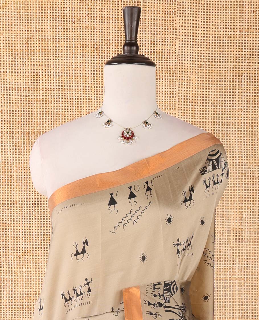 Tan warli motifs printed micro-silk saree, copper zari small border, contrast warli printed pallu & plain blouse