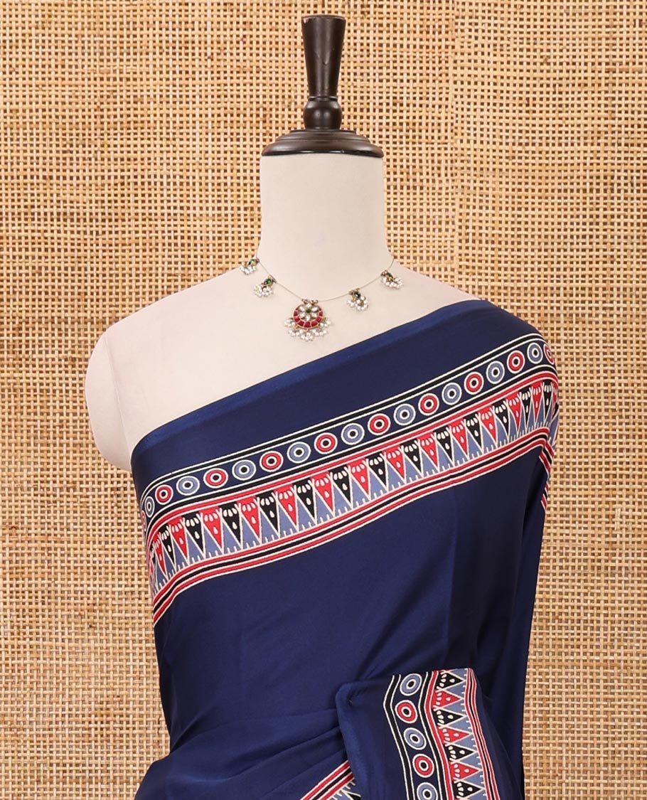 Blue plain design modal satin saree, Ajrakh printed border, floral-Ajrakh printed pallu & Ajrakh printed blouse