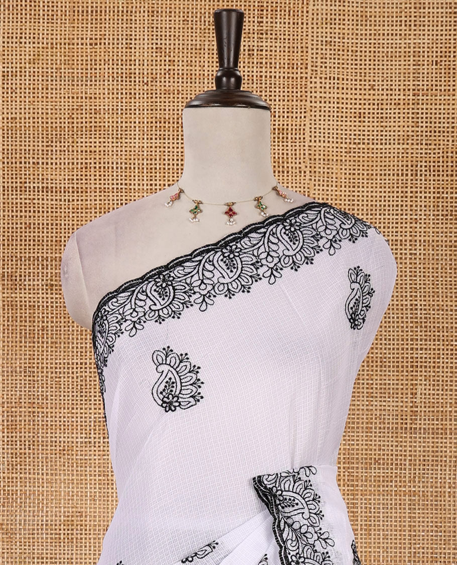 White floral-paisley embroidered kota checked saree, floral-paisley thread embroidered scallop border & matching embroidered blouse